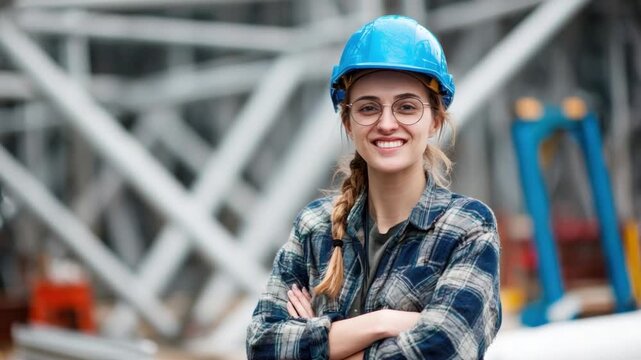Confident Construction Worker: A skilled construction worker stands confidently in front of the construction framework, dressed in safety attire. a visual story of dedication, and expertise
