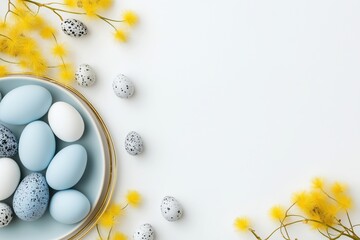 Soft blue and speckled easter eggs arranged on a minimalist background with yellow floral accents for spring celebrations