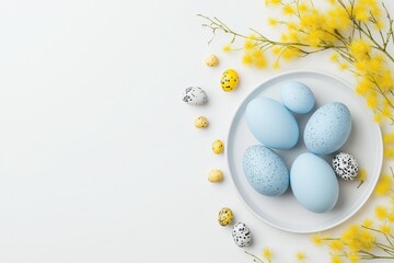 Elegant easter composition with blue speckled eggs and bright yellow mimosa accents on minimalist white background