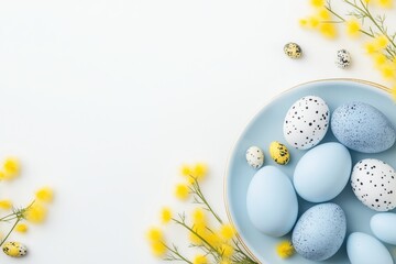Pastel blue easter eggs surrounded by bright yellow mimosa flowers on a soft white background for spring celebrations and festive decor