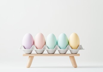 Pastel easter eggs in a carton displayed elegantly on a minimalist stand, perfect for spring celebrations and seasonal decor