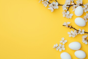 Delicate white eggs surrounded by blossoming branches on vibrant yellow background for spring and easter celebrations