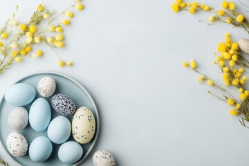 Pastel easter eggs surrounded by yellow mimosa flowers on soft blue background for spring celebrations and seasonal decor