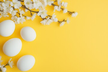 Delicate white eggs nestled among spring blossom branches on vibrant yellow background for seasonal celebrations and easter themes