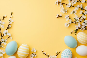 Vibrant spring decor with colorful easter eggs and blossom branches on a bright yellow background for festive celebrations