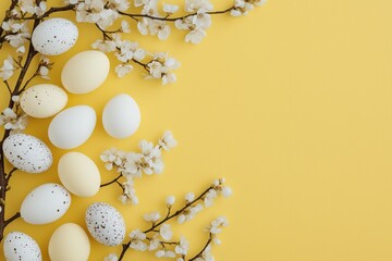 Elegant arrangement of colorful easter eggs among delicate blossoms on bright yellow background for spring celebrations