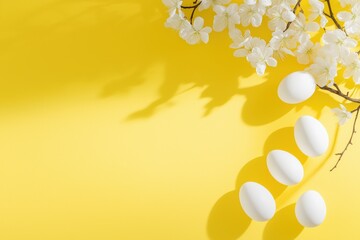 Delicate white eggs nestled by blooming cherry blossoms on vibrant yellow background, perfect for spring and easter celebrations