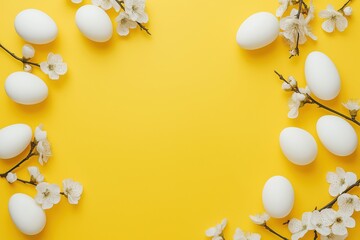 Bright yellow background with white eggs framed by blooming cherry blossom branches, perfect for easter and spring-themed decor