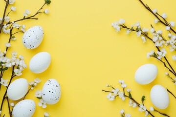 Springtime elegance white and speckled eggs paired with blossoming branches on vibrant yellow backdrop