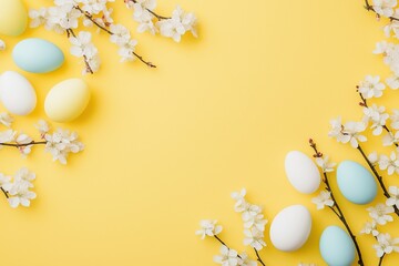 Colorful easter eggs surrounded by delicate cherry blossom flowers on a bright yellow background for festive spring celebrations