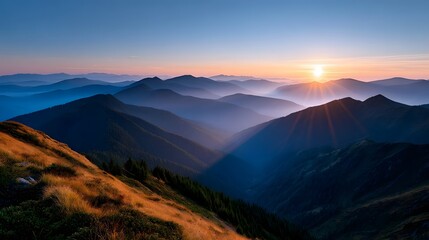 Obraz premium Breathtaking view of a mountainous landscape bathed in the warm glow of a setting sun, creating a serene and scene.