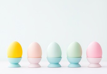Pastel colored eggs in elegant holders for spring celebrations and easter decor