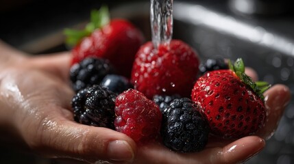 Fresh berries being washed , action shot , in a clean sink area , top-down angle , with natural soft light