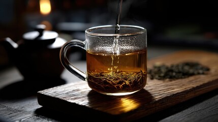 Herbal tea being steeped , side angle shot , in a minimal tea setup , calm composition , with diffused backlighting