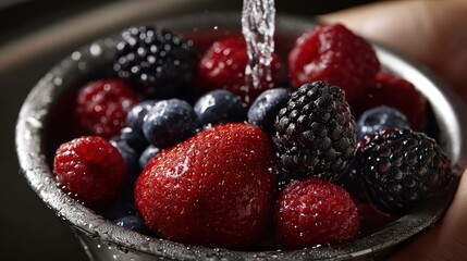 Fresh berries being washed , action shot , in a clean sink area , top-down angle , with natural soft light