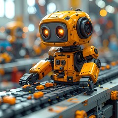 Orange robot working on production line