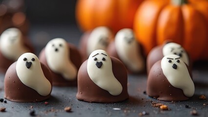 Halloween-themed chocolate treats shaped like ghosts with pumpkins in the background (1)