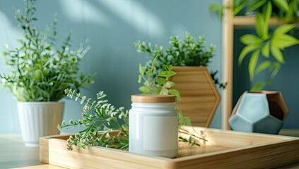 Serene indoor scene featuring a decorative arrangement of plants and a candle on a wooden tray