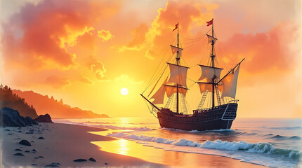 Obraz premium A sailing ship on the shore at sunset with golden sky and clouds