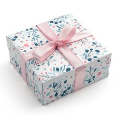 A beautifully wrapped gift box adorned with floral patterns and a pink ribbon, set against a soft background