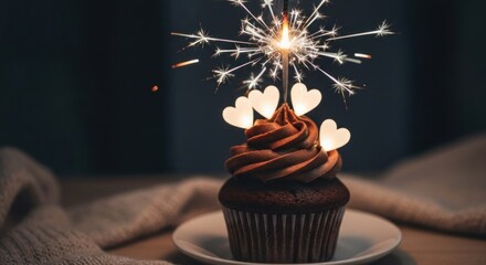 Chocolate cupcake with sparkler and hearts