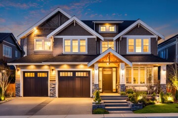 Cozy suburban house illuminated with warm light at night, real estate style.
