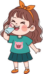 Happy child drinking milk, healthy lifestyle, nutrition for kids, smiling girl, cartoon illustration, pig shirt, orange shoes, green top, joyful moment