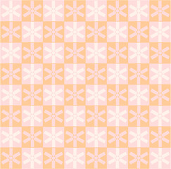 Soft pink and peach blossoms repeat across gentle squares, radiating warmth, tenderness, and balance, forming a soothing grid of delicate floral geometry.