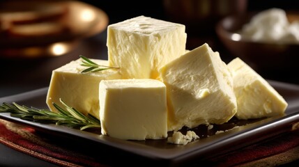 Low-fat cheese on a breakfast platter , medium shot , in a morning setting , diagonal composition , with soft light shadows