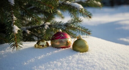 Christmas ornaments on snowy ground beneath evergreen boughs