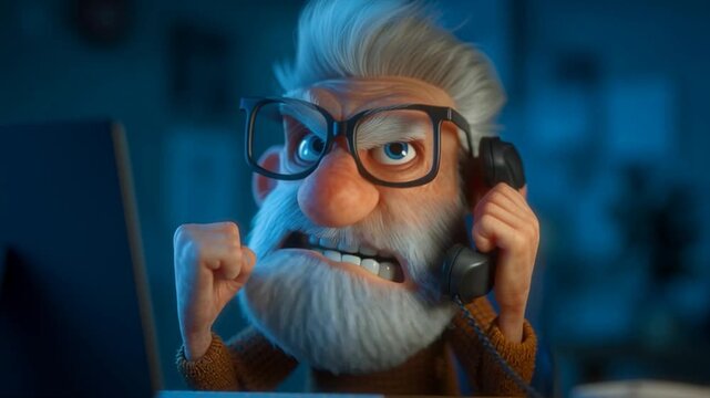 Angry old man shaking fist while talking on phone in front of laptop computer