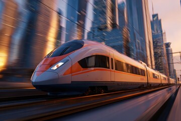 Fototapeta premium High-speed train in a modern city at dawn