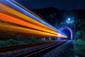 Fototapeta premium Night train speed through tunnel