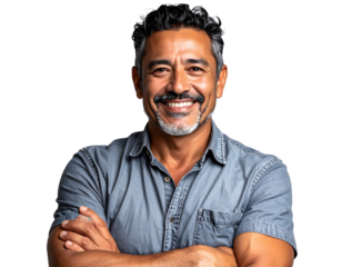 Portrait of a smiling middle-aged Hispanic man with arms crossed, isolated on a transparent background