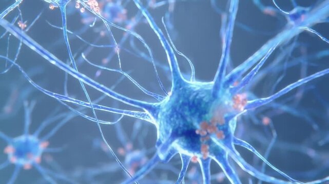 Blue neurons with branching dendrites and long axons forming a neural network.