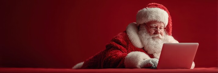 Santa Claus using a laptop to check holiday preparations during the festive season