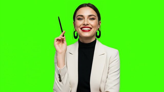 Stylish young professional woman smiling confidently holding a pen with green screen background perfect for chroma key compositing and creative designs providing versatility