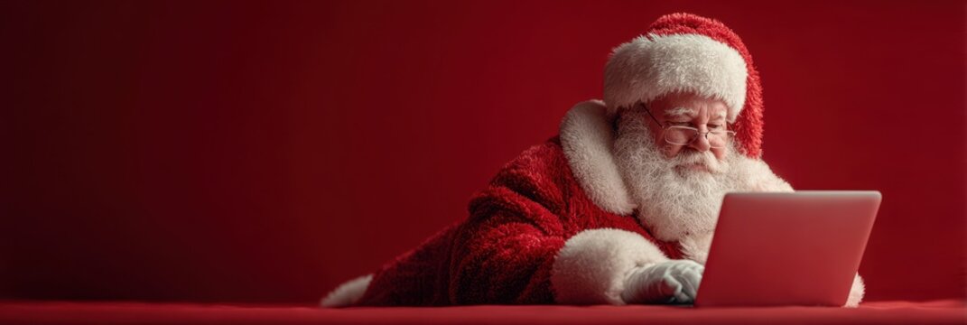 Santa Claus using a laptop to check holiday preparations during the festive season