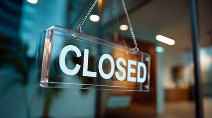 Modern acrylic 'CLOSED' sign hanging on glass door of business entrance