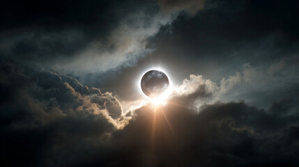 A total solar eclipse seen through dark clouds a celestial event of light and shadow