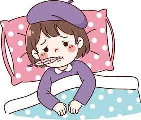 Sick child, cartoon illustration, thermometer, fever, lying in bed, purple pajamas, beret, blanket, illness, discomfort, flushed cheeks, healthcare, rest, recovery, bedroom, l, 