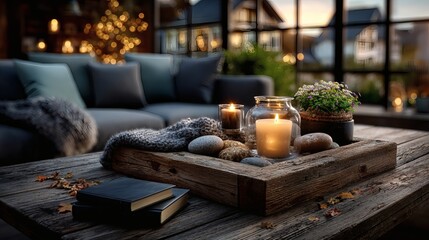 Nordic Scandinavian Christmas living room natural wood candles festive holiday interior cozy seasonal decor minimal modern background 