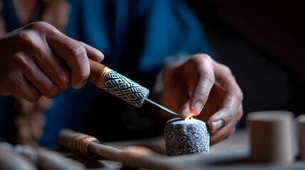 An artisan carefully using a chisel and tools to meticulously carve a detailed, decorative wooden object, demonstrating the precision and dedication required in traditional handcrafted woodworking.