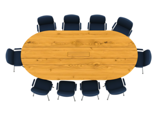 Oval wooden conference table with chairs isolated on transparent background
