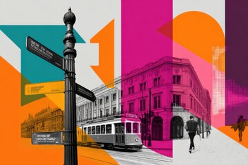 Creative composition of colorful urban street signs, energetic city art style.