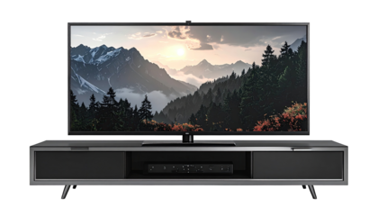 Flat-screen TV mounted on a dark gray entertainment center.  A serene mountain landscape fills the TV screen