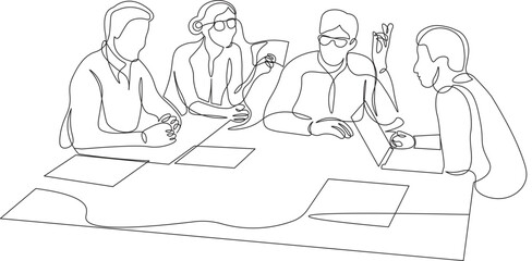 Group of Workers in a Meeting. Continuous Line Art Illustration