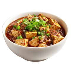 Fototapeta premium Spicy tofu dish served in a white bowl with green onions and flavorful sauce