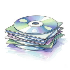 Fototapeta premium Watercolor illustration of a stack of CDs and cases on white background