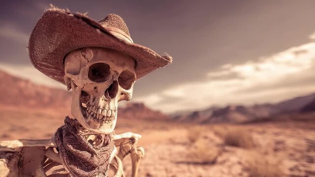 A skeleton wearing a cowboy hat stands in a dusty desert landscape.